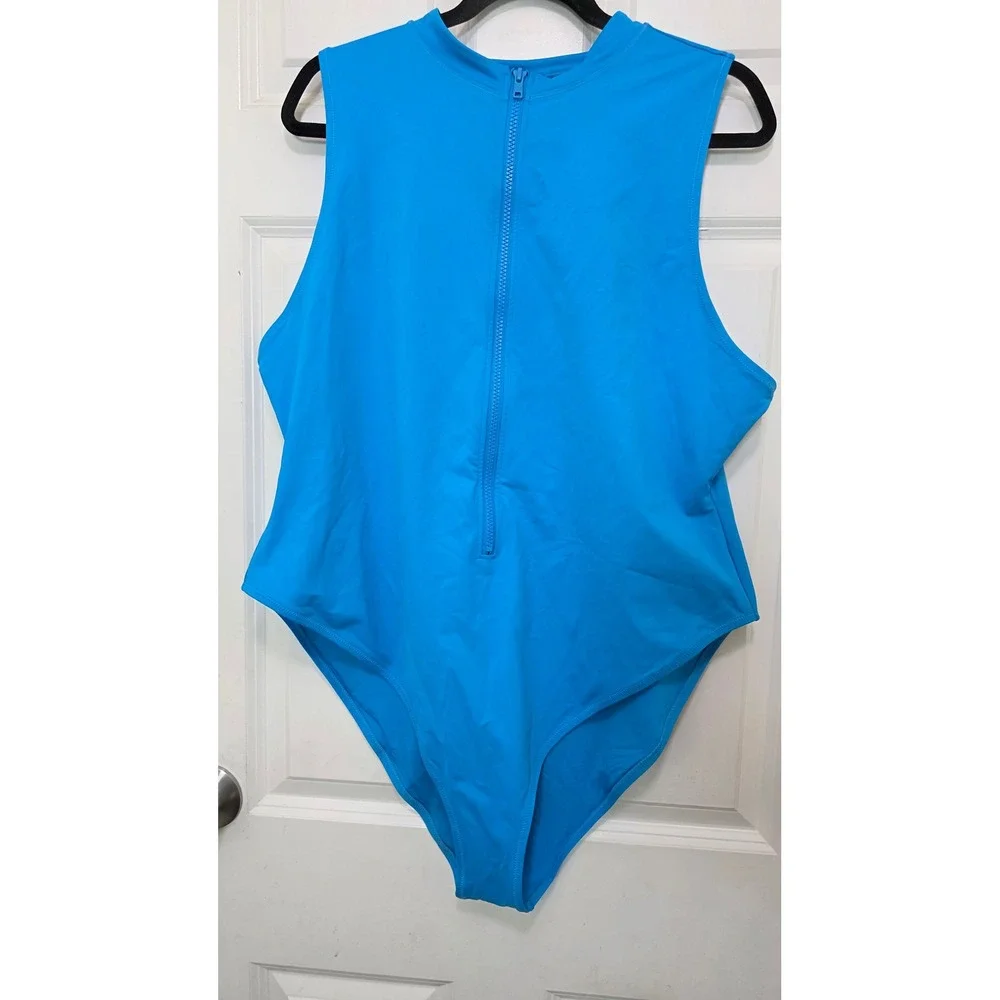 SKIMS Swim Zip Front Sleeveless One Piece Bodysuit Womens 4X Blue Surf Sporty